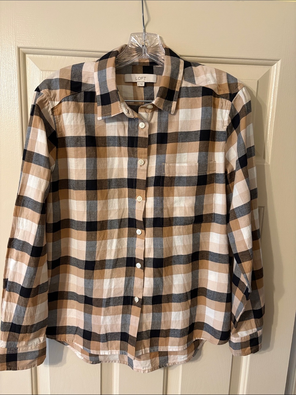 LOFT Tan Black White Plaid Button-Down Shirt